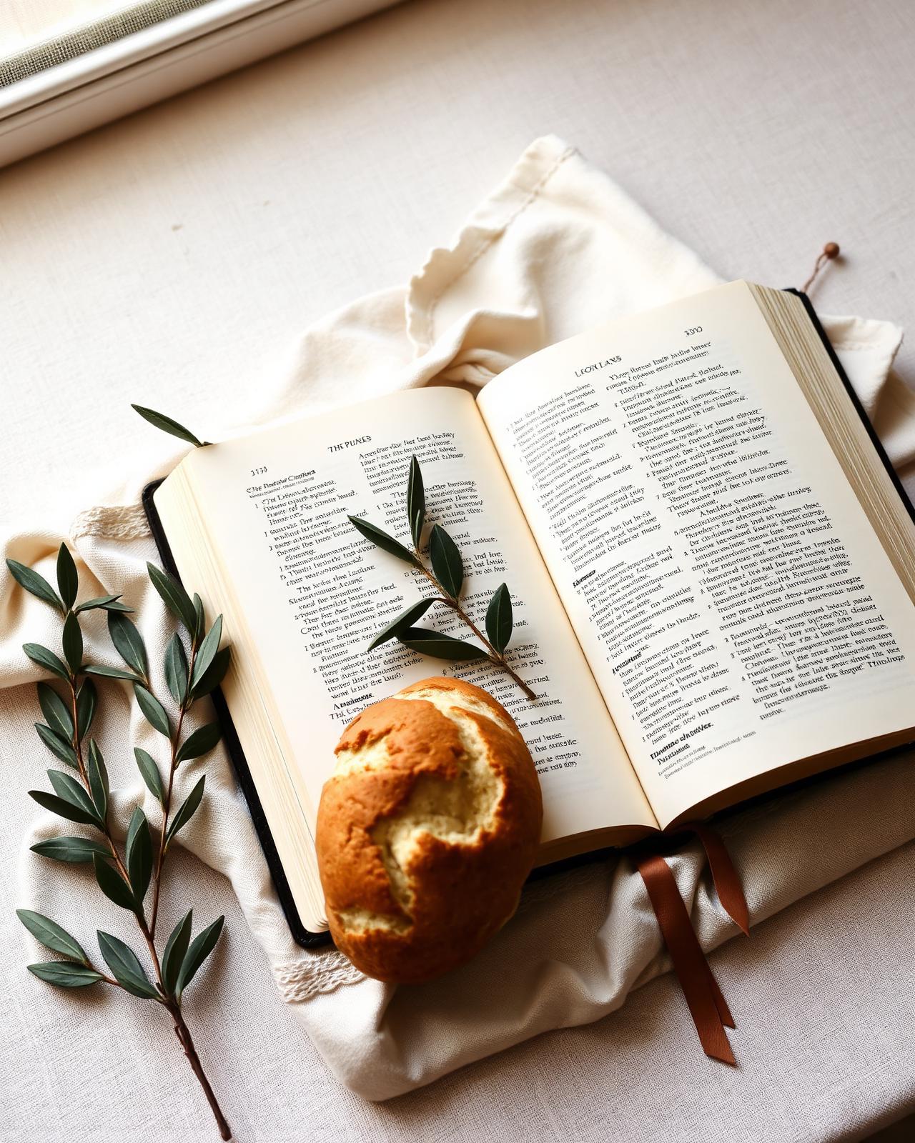 An open Bible with bread and olive branches